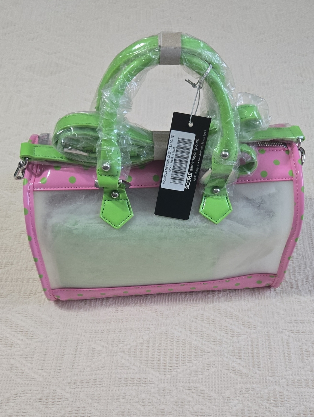 Clear PVC Satchel with Pink Trim and Lime Green Handles